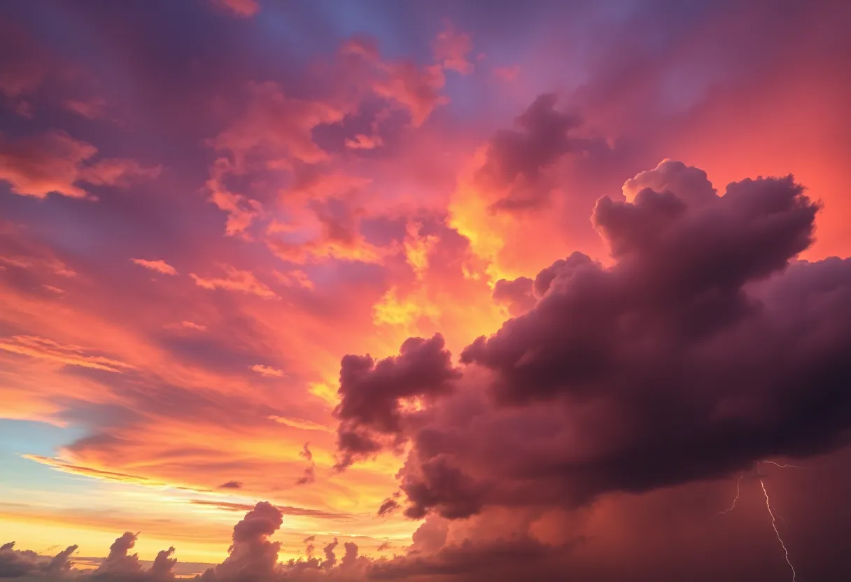 Dramatic thunderhead clouds illuminated by sunset colors in Greater Boston