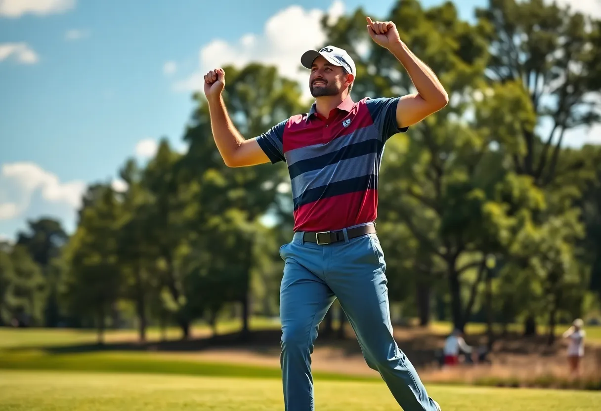 Golfer celebrating victory at a major golf tournament.