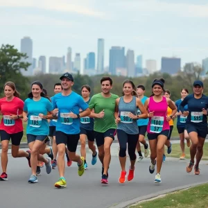 A group of diverse runners training for a marathon in a city park.