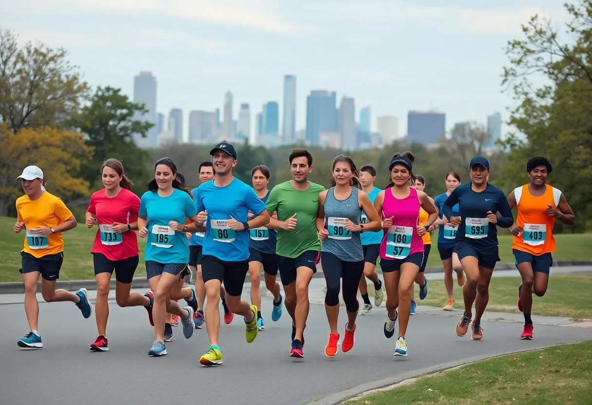 A group of diverse runners training for a marathon in a city park.