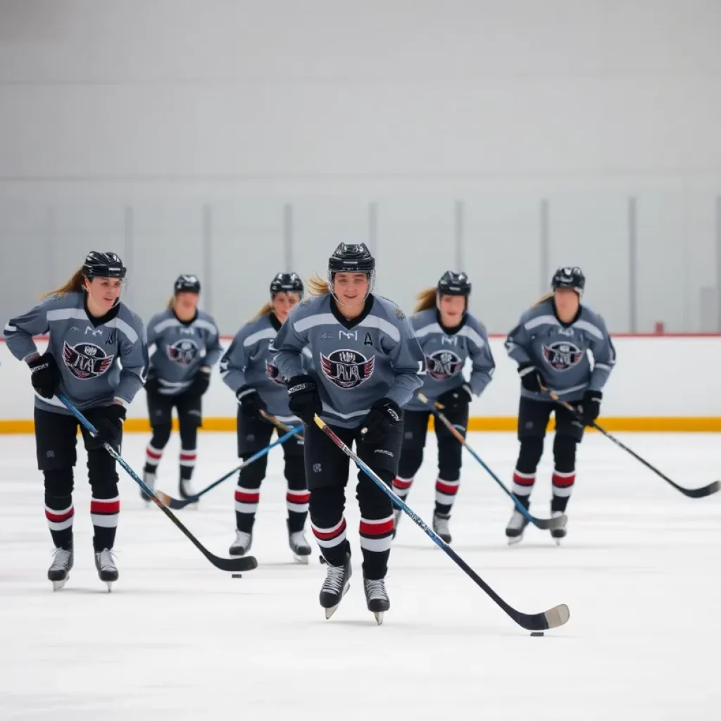 Women hockey players practicing on ice