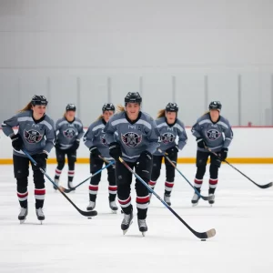 Women hockey players practicing on ice