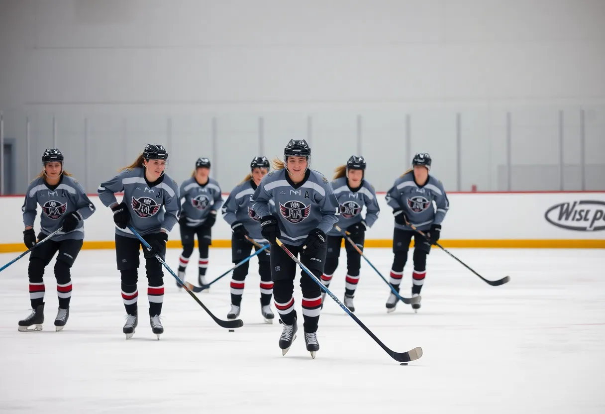 Women hockey players practicing on ice