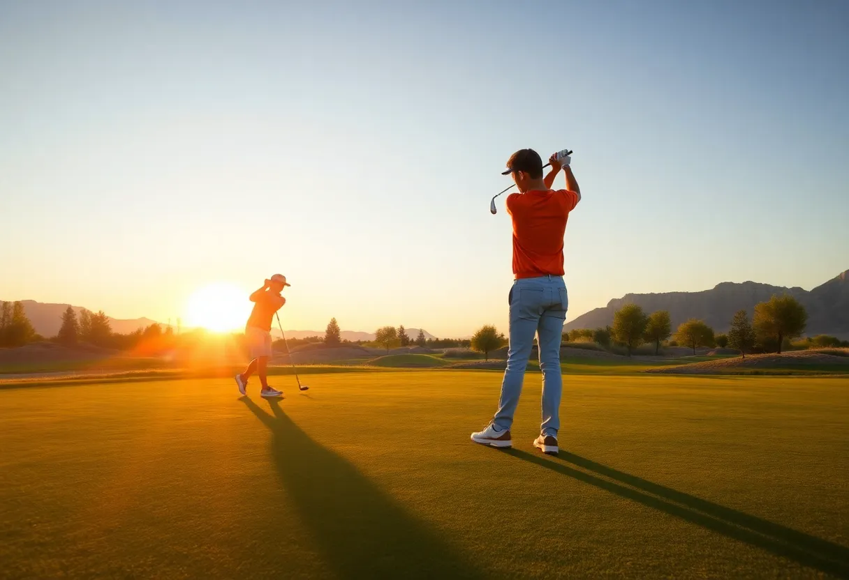 Young aspiring golfers practicing on a picturesque Utah golf course during sunset.