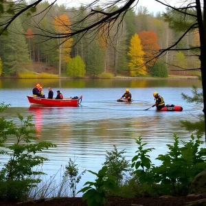 Emergency responders at Walden Pond during a rescue operation