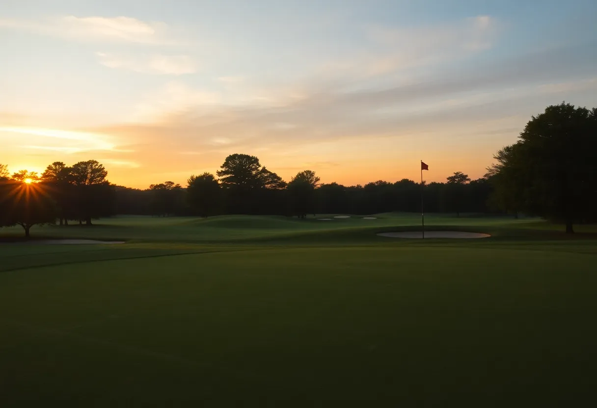 Empty golf course in Wayland at sunset