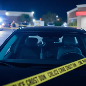 A parked car surrounded by police tape in a hospital parking lot