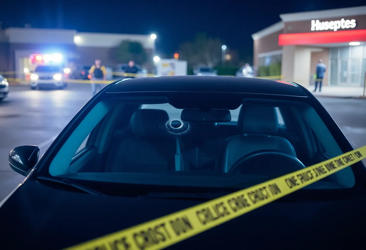A parked car surrounded by police tape in a hospital parking lot