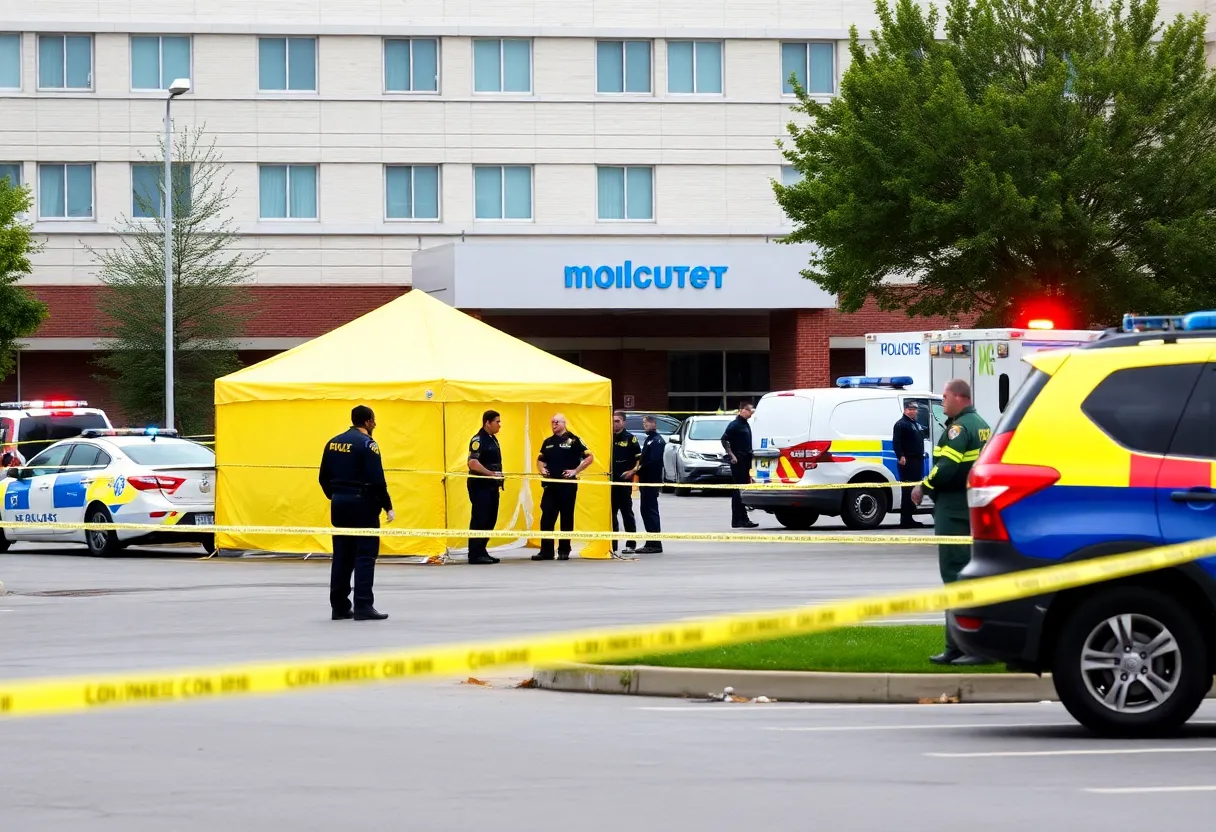 Police investigation scene at Weymouth Hospital parking lot.