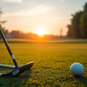 Golf course with clubs and ball at sunset