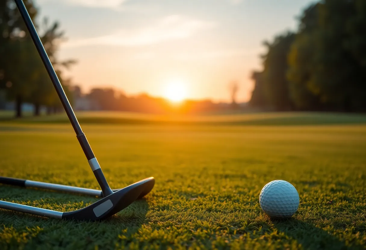 Golf course with clubs and ball at sunset