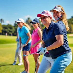 Women golfers competing at a picturesque golf course
