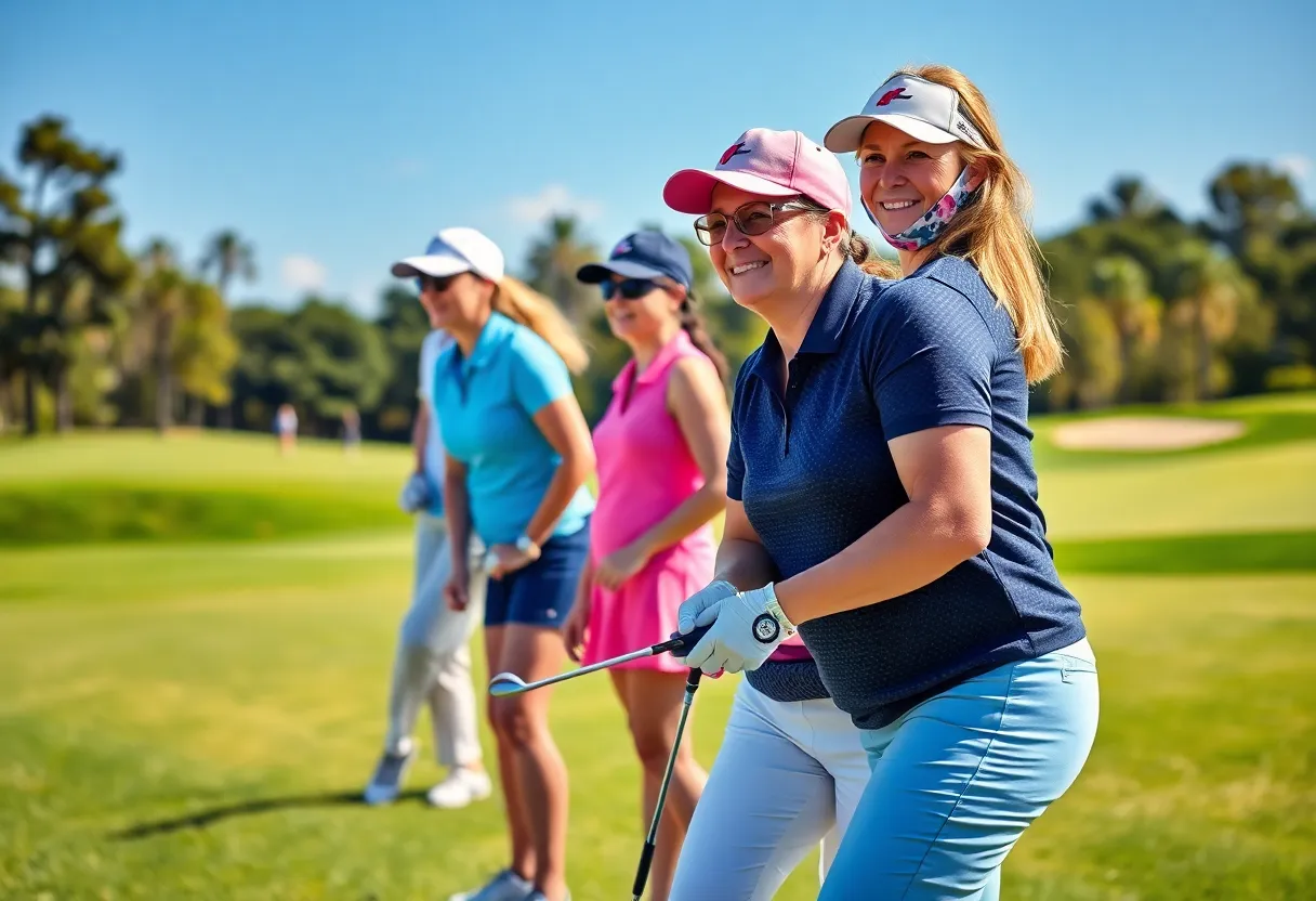 Women golfers competing at a picturesque golf course