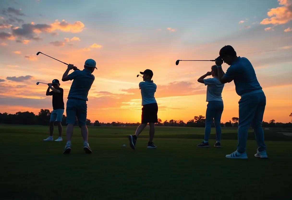 A young golfer practicing on a beautiful golf course at sunset.