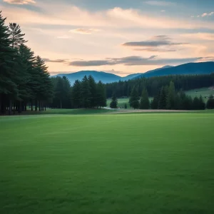 Scenic view of a golf course during a sunny day with players on the fairway.