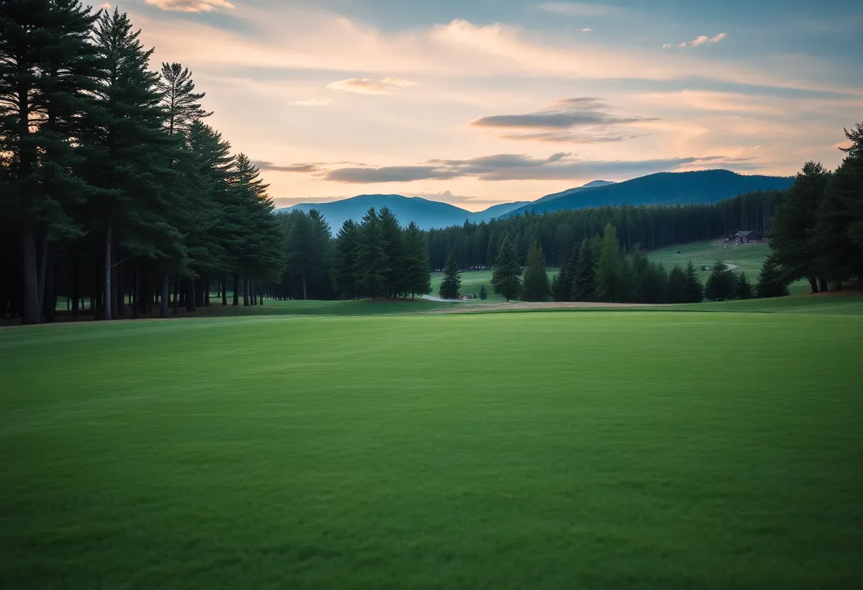 Scenic view of a golf course during a sunny day with players on the fairway.