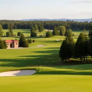 Players participating in a college golf tournament surrounded by autumn trees.