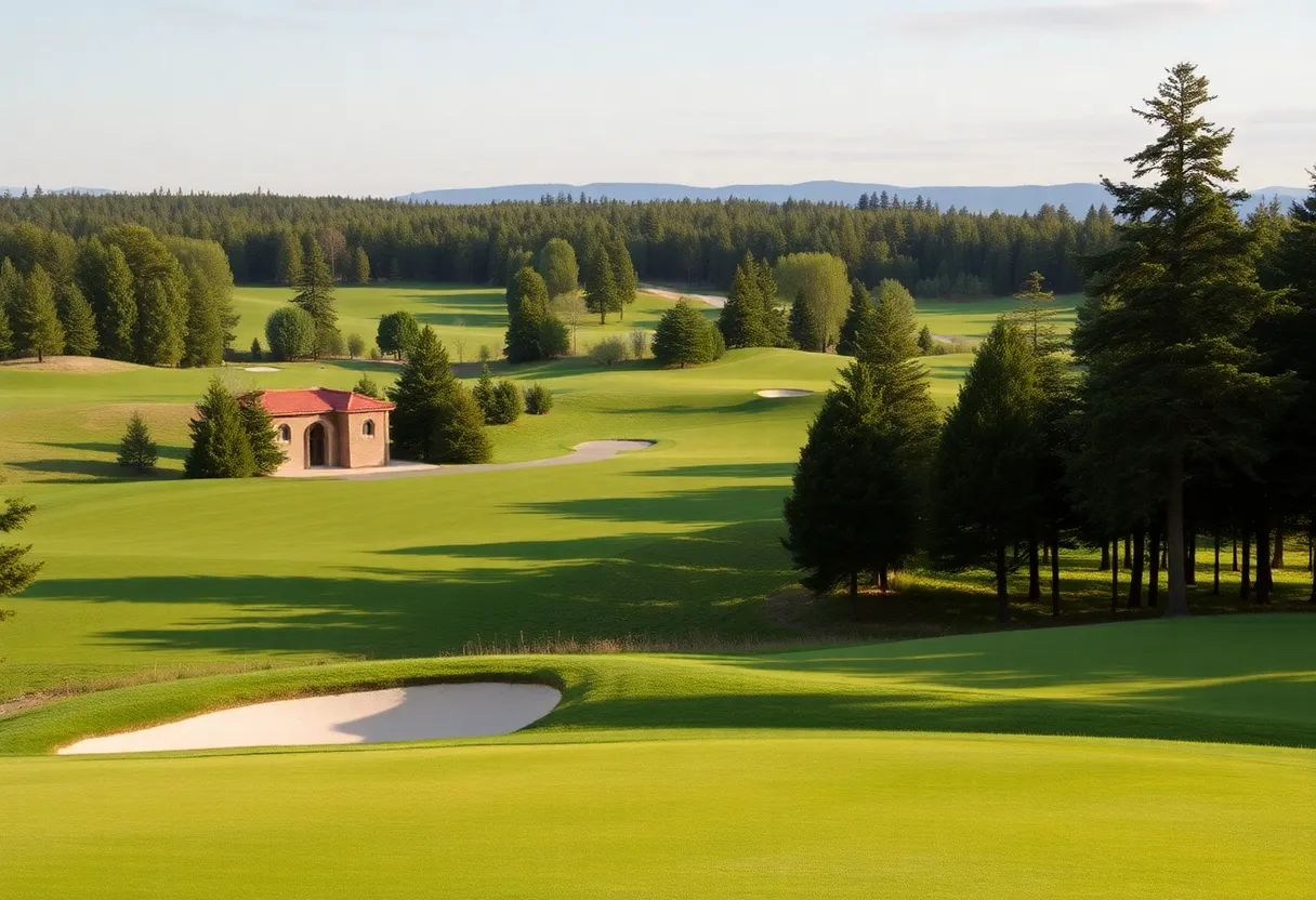 Players participating in a college golf tournament surrounded by autumn trees.