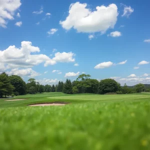 Aerial view of Shinnecock Hills Golf Club with golfers on the course