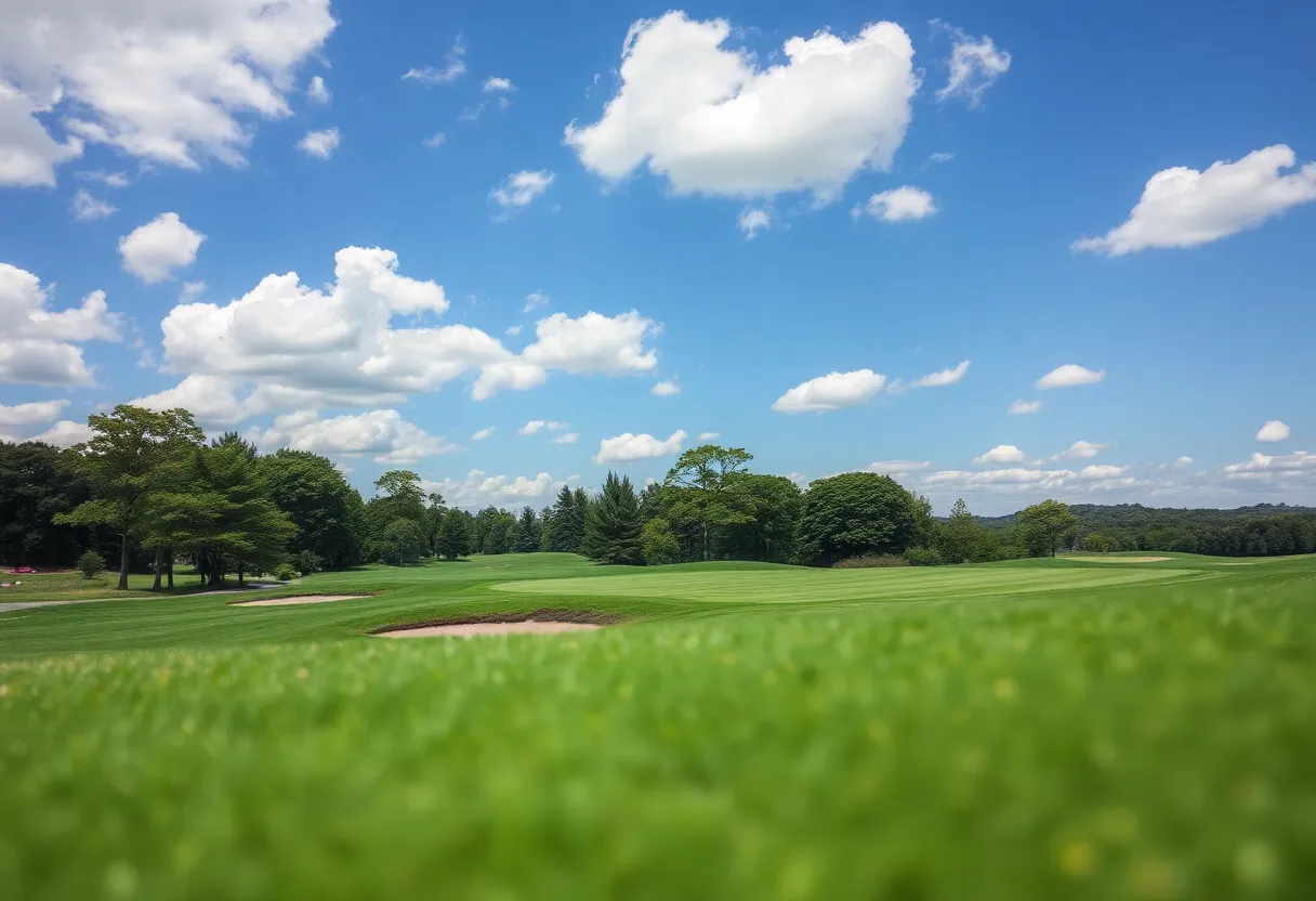 Aerial view of Shinnecock Hills Golf Club with golfers on the course