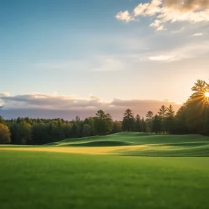 Golf clubs and a ball on a tee at dawn