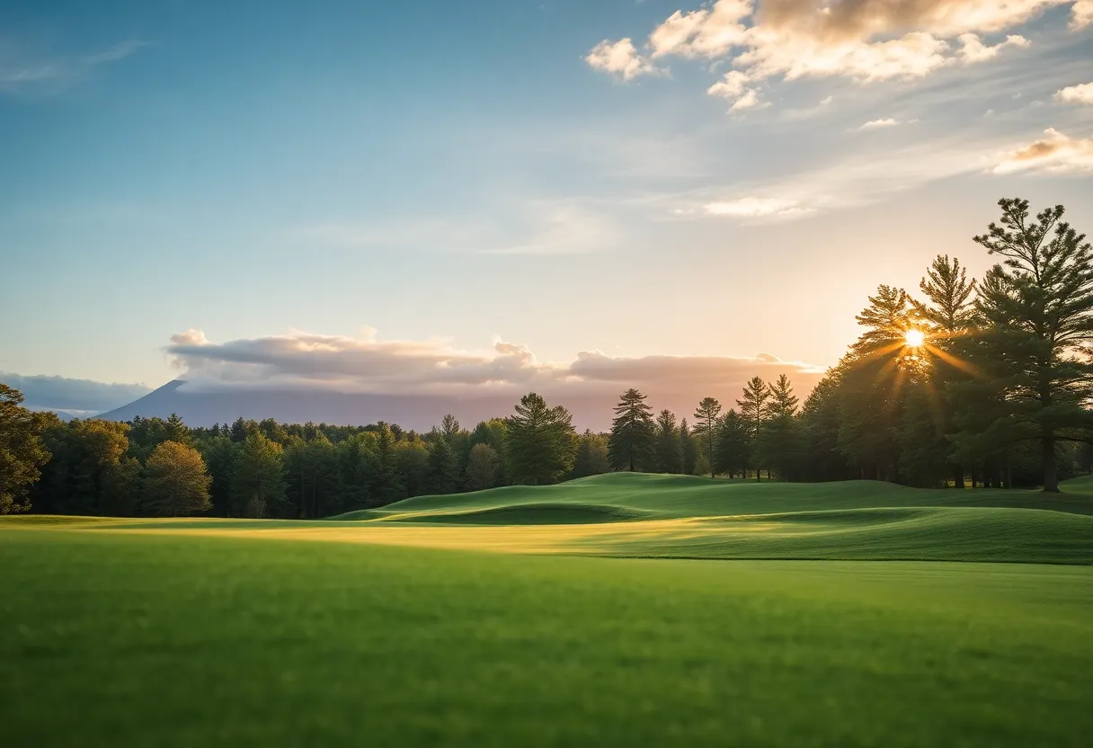 Golf clubs and a ball on a tee at dawn