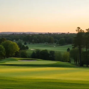 A serene golf course during sunset, reflecting the end of a career in competitive golf.