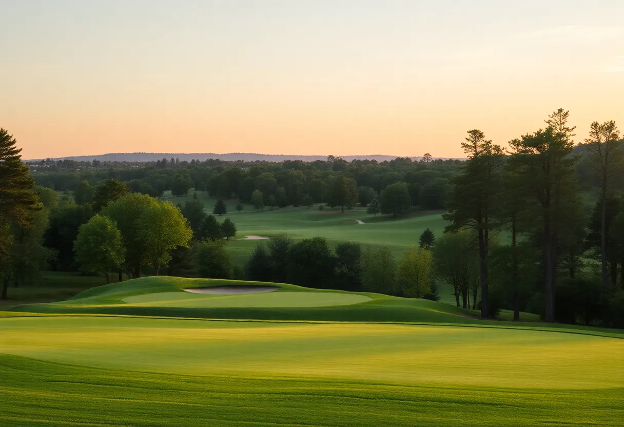 A serene golf course during sunset, reflecting the end of a career in competitive golf.