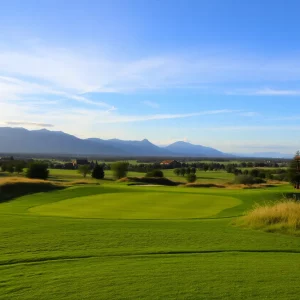 Gorgeous sunset over a golf course with players