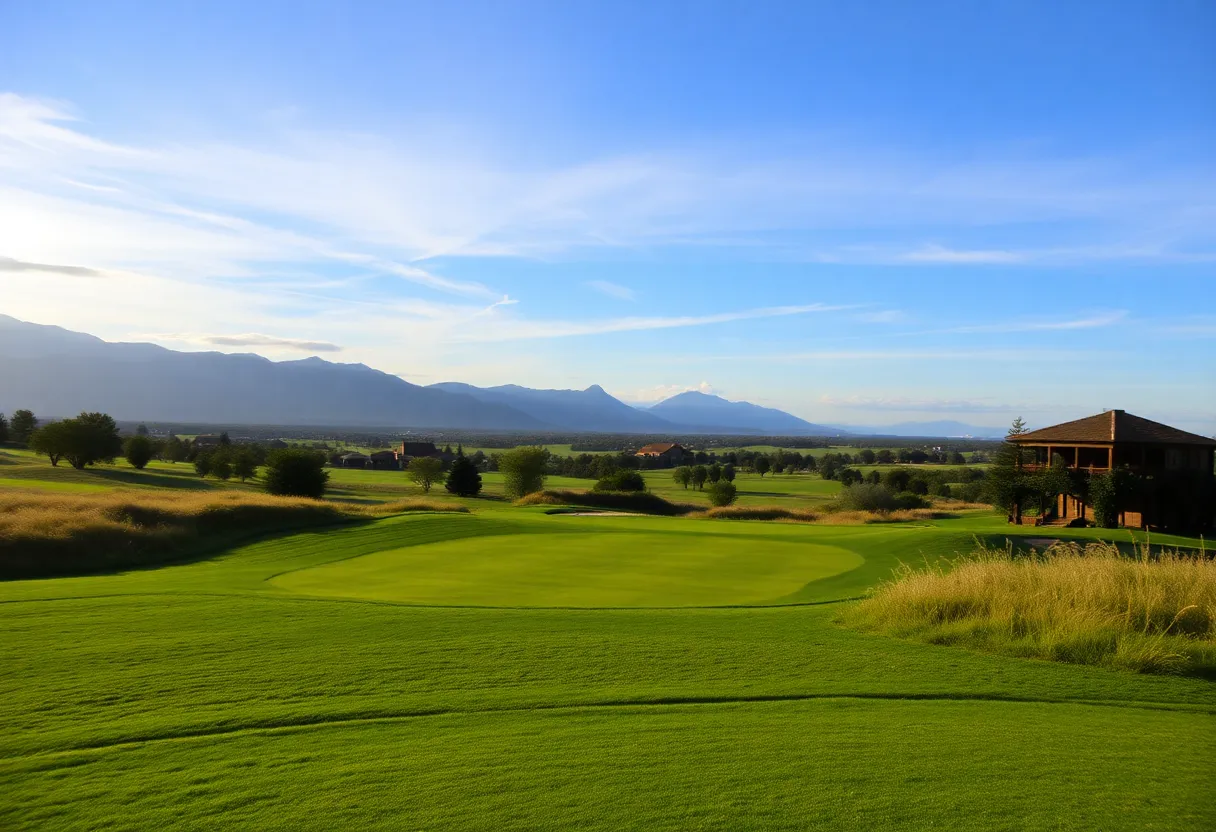Gorgeous sunset over a golf course with players