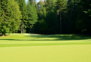 Golf championship scene with players and cheering crowds