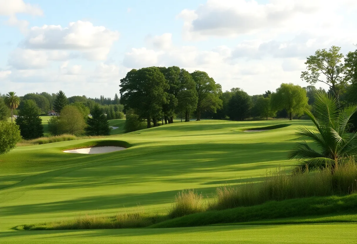 Scenic view of a Boston golf course during the Ryder Cup with fans watching.