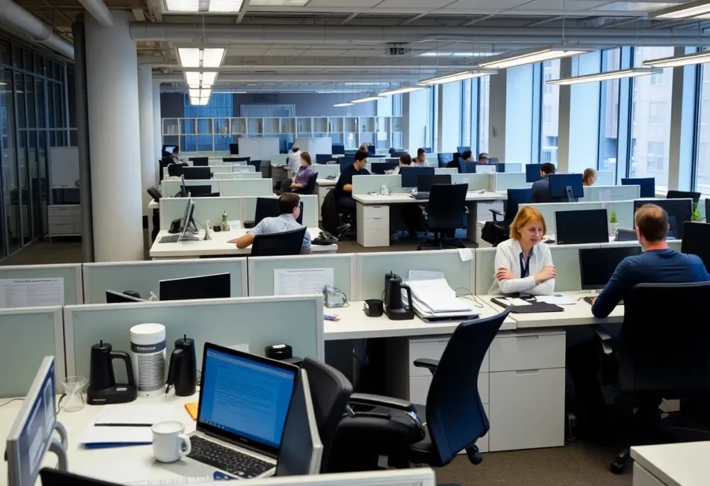 Empty desks in a Boston biotech office indicating job losses