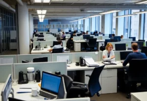 Empty desks in a Boston biotech office indicating job losses