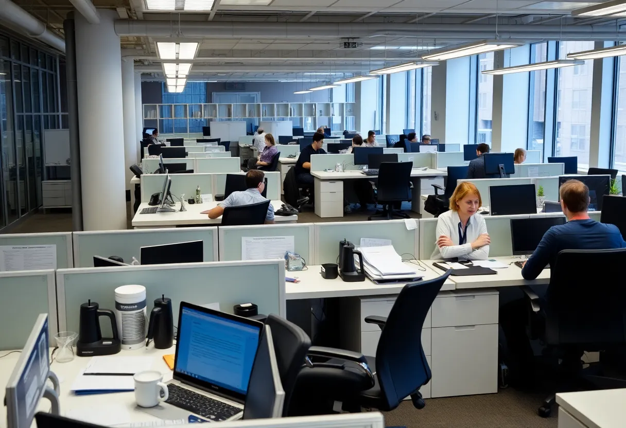 Empty desks in a Boston biotech office indicating job losses