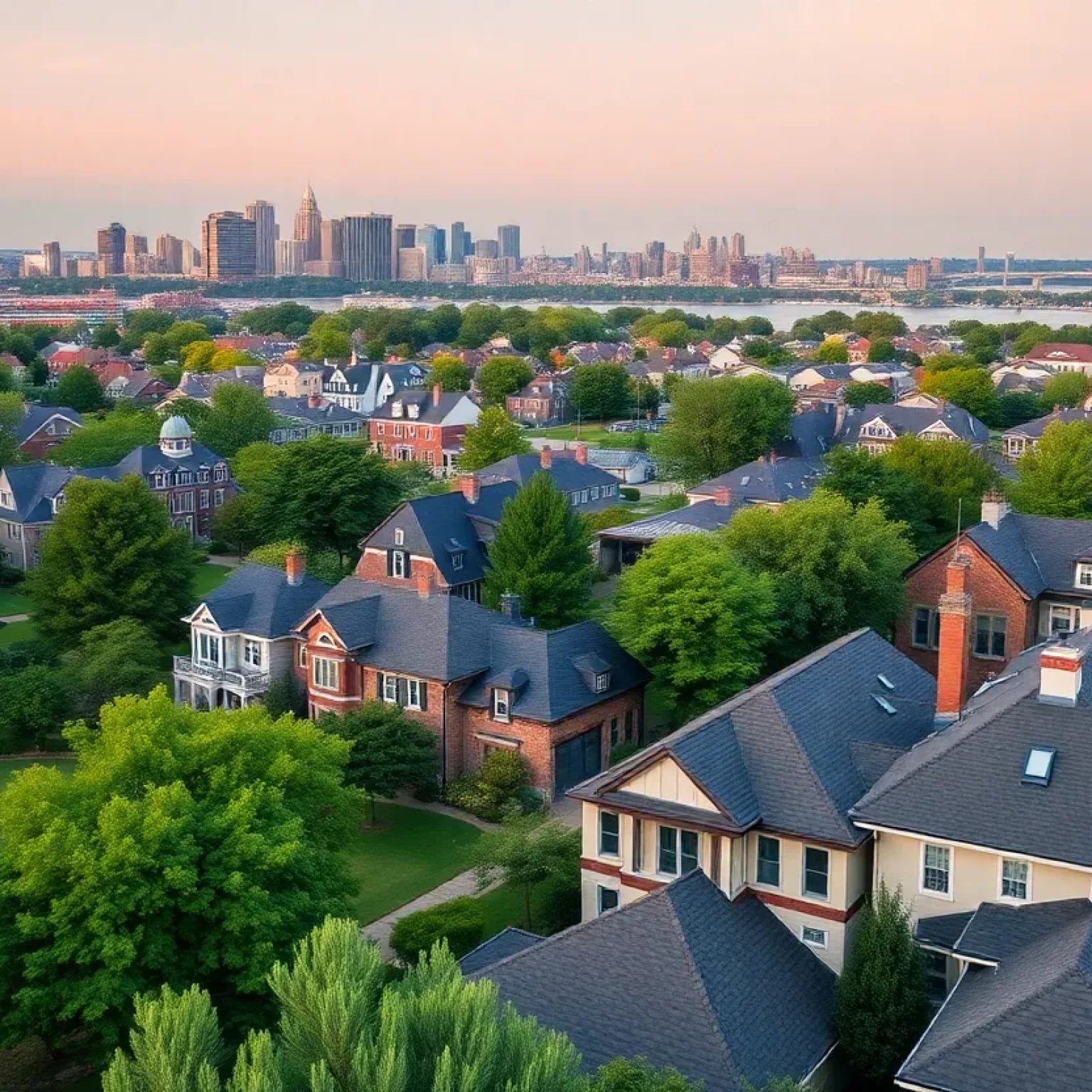 Panoramic view of wealthy neighborhoods in Boston with luxury homes