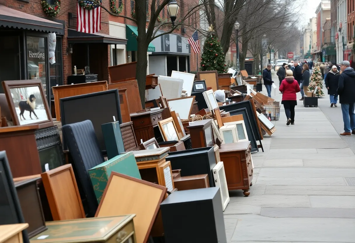 Street scene of Allston Christmas with discarded furniture and people scavenging.