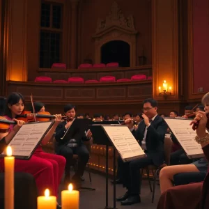 A scene from a candlelight concert featuring string musicians playing anime themes