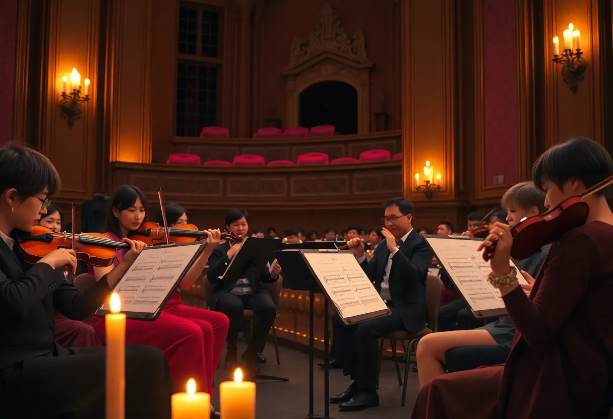 A scene from a candlelight concert featuring string musicians playing anime themes