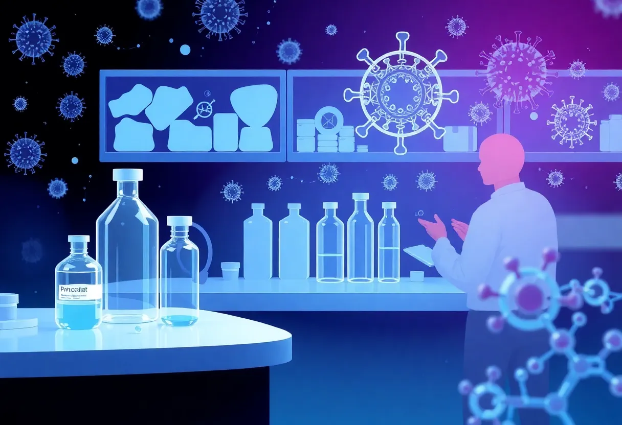 Visual representation of antiviral drug development focusing on nanotechnology.