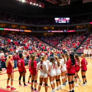 Arkansas Volleyball team warms up before match against Boston College