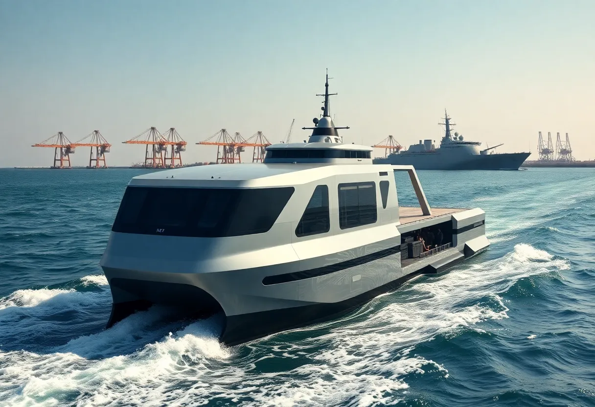 An autonomous naval vessel operating in open sea waters.