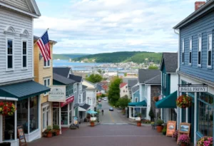 Bar Harbor, Maine showcasing downtown shops and coastal scenery