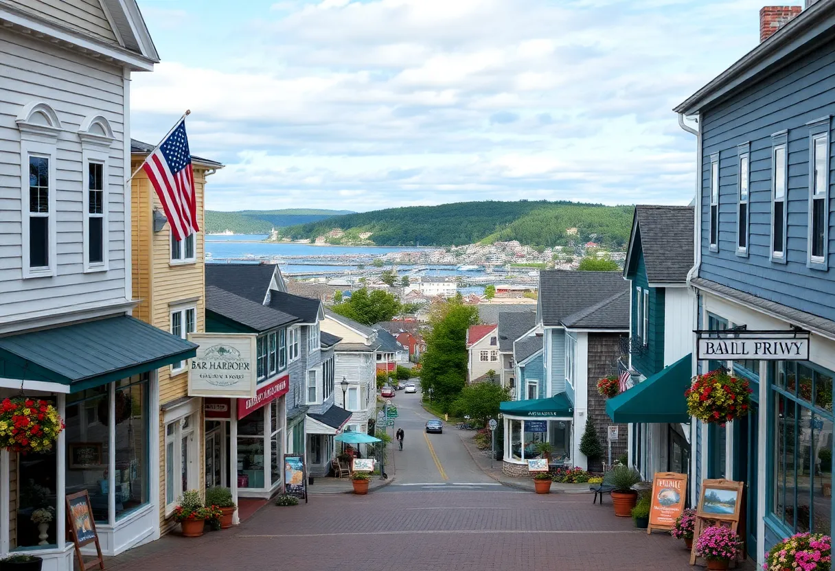 Bar Harbor, Maine showcasing downtown shops and coastal scenery