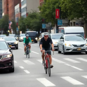 Cyclists navigating bike lanes in a busy Boston street
