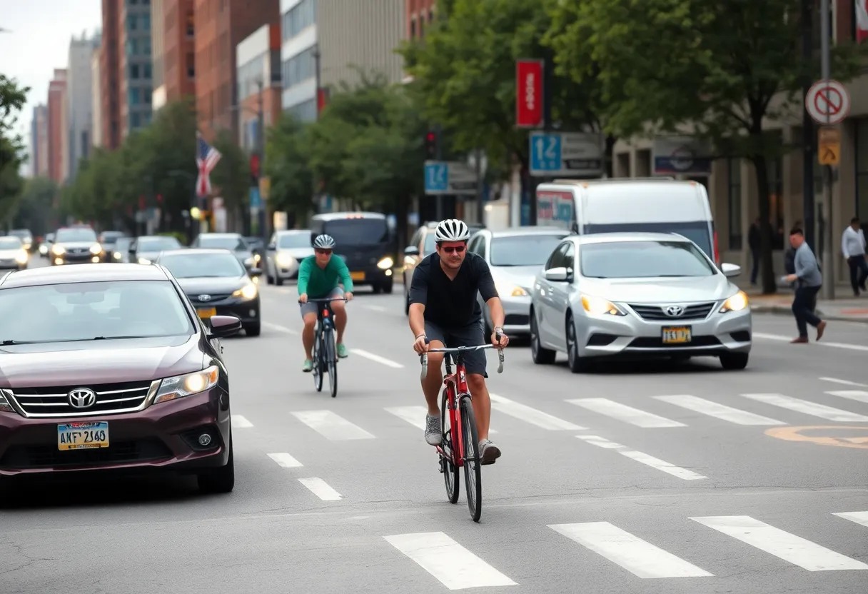 Cyclists navigating bike lanes in a busy Boston street