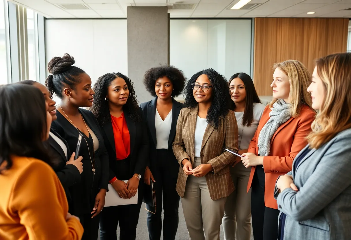 Professional women discussing unemployment issues in a corporate environment.