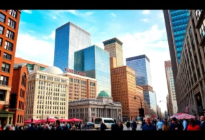 A scenic view of Boston with a focus on the news outlet Boston 25 Now.