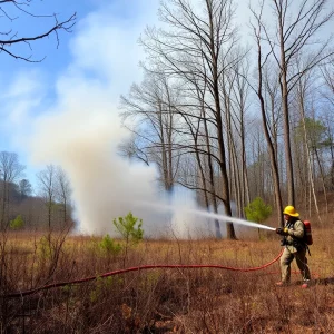 Firefighters battling a brush fire in the Stony Brook Reservation, Boston, with smoke billowing from the trees.