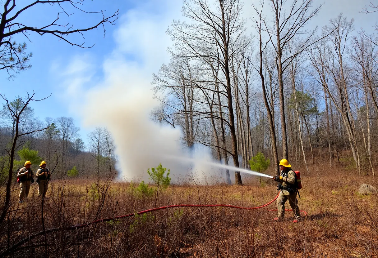 Firefighters battling a brush fire in the Stony Brook Reservation, Boston, with smoke billowing from the trees.